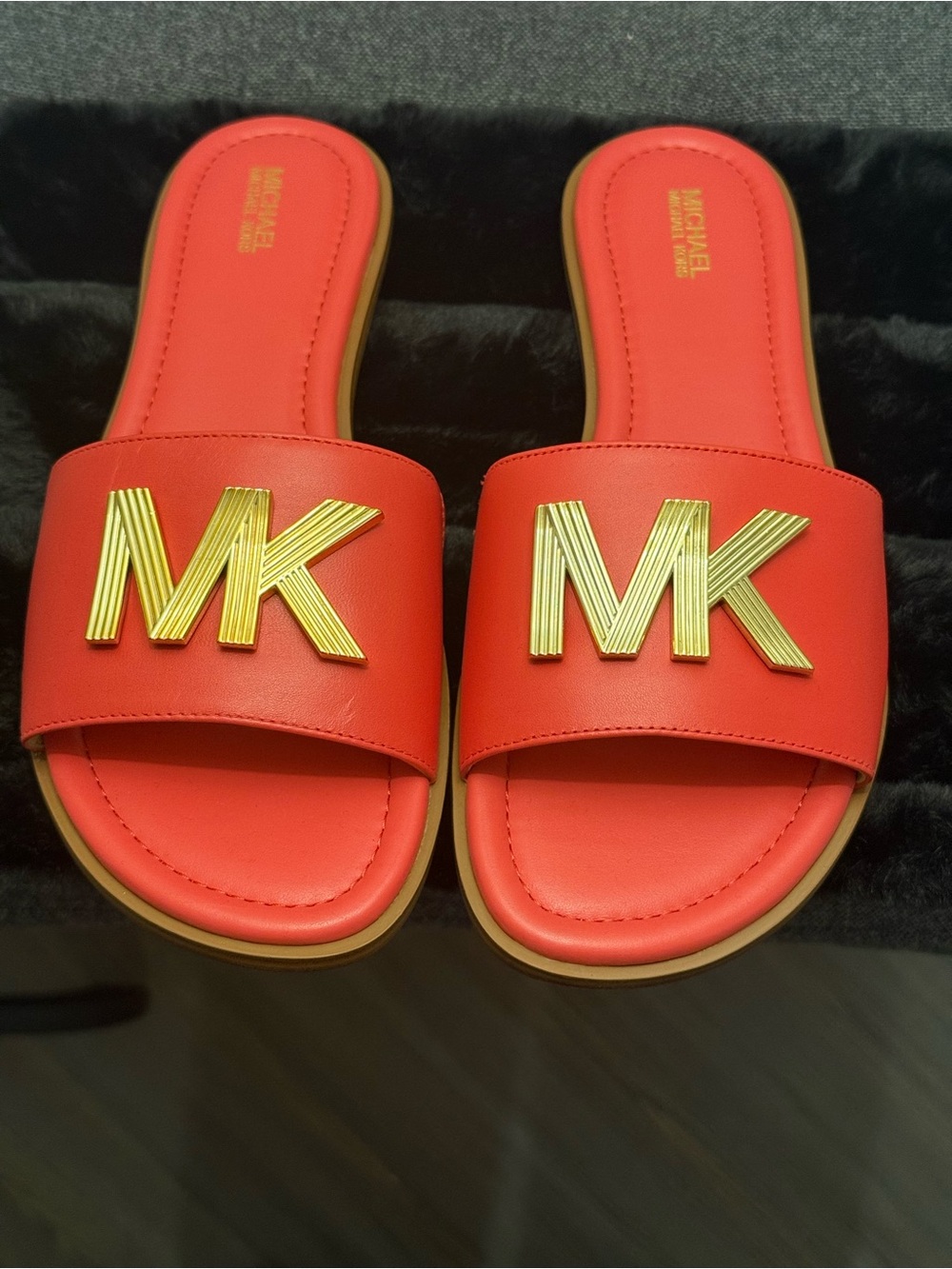 Michael Kors Reddish Orange MK Logo Slide Sandals with Gold Emblem
